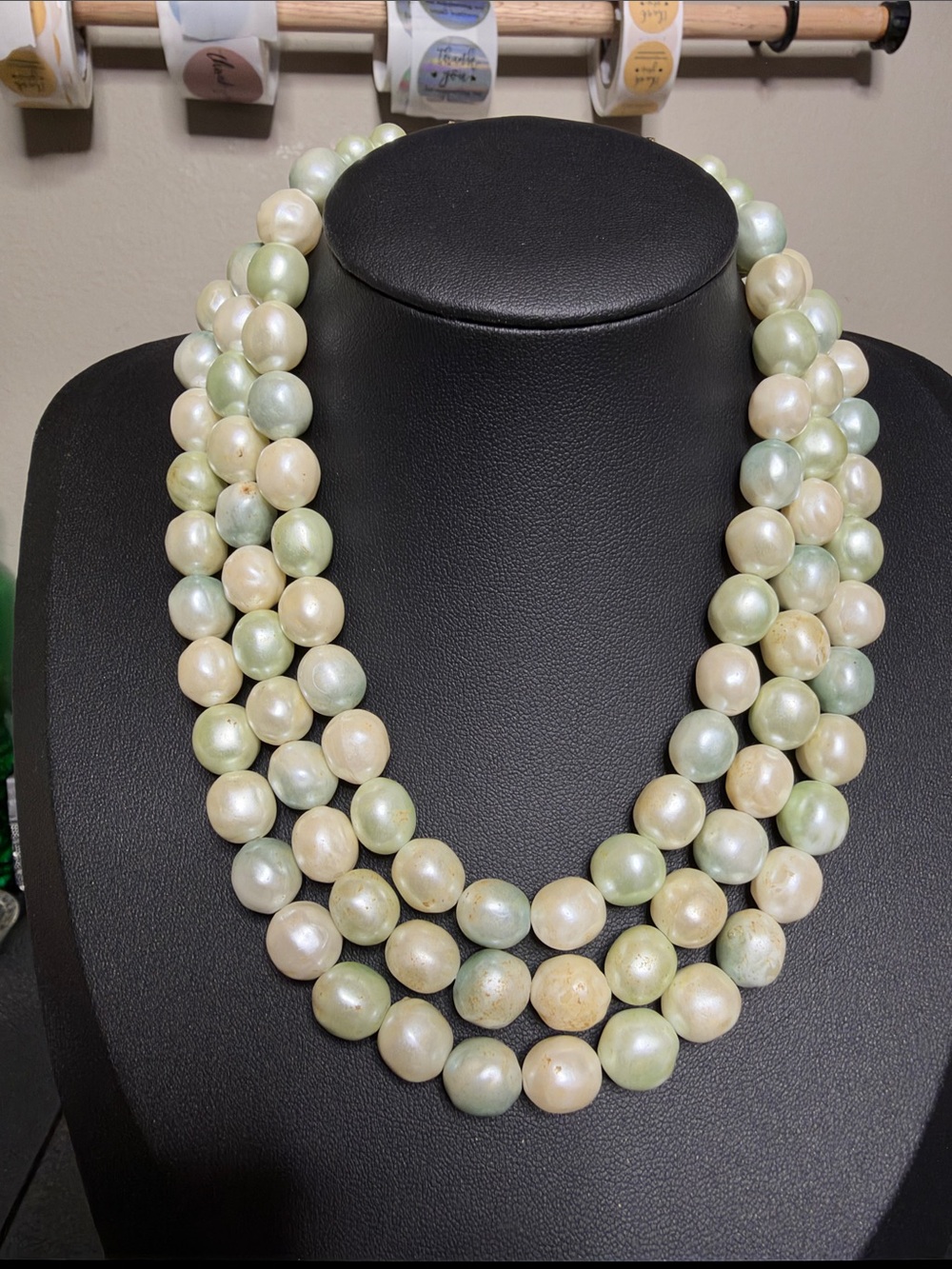 Signed Multi-Strand Pearl Necklace Cream Light Green Choker Collar VTG Necklace